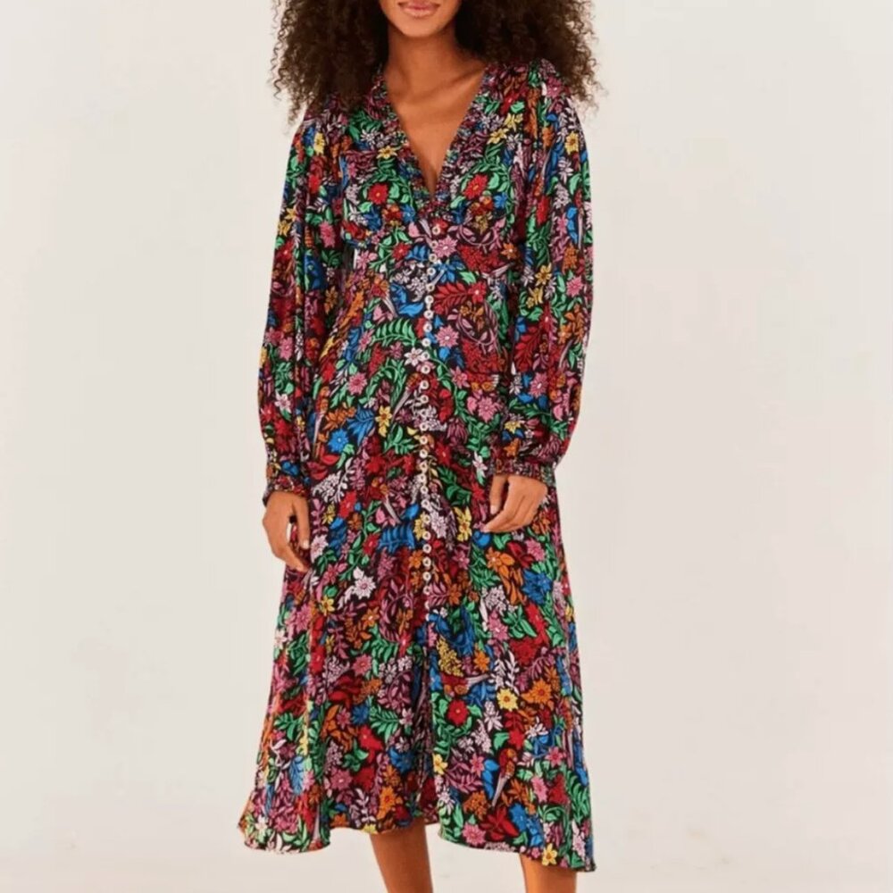 FARM Rio Satin Long Sleeve V-Neck Midi Dress